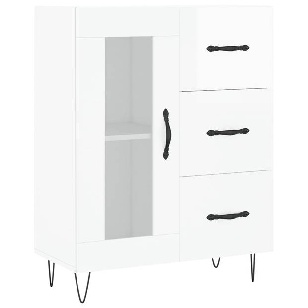 The Living Store Dressoir - Hoogglans wit - 69.5 x 34 x 90 cm - Bewerkt hout - metaal - glas