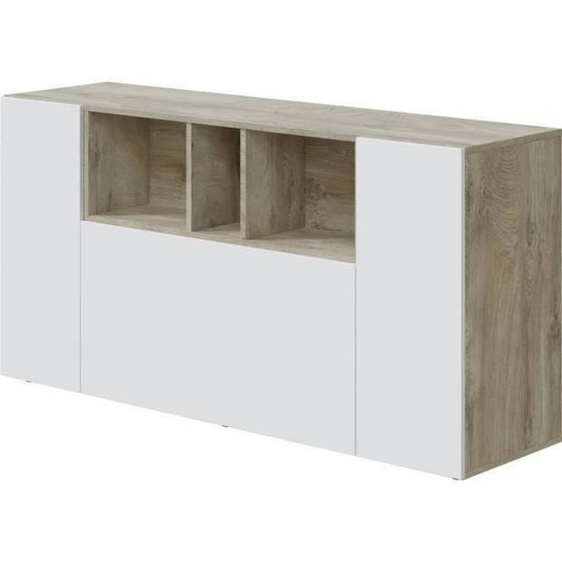 LOIRA Dressoir - Melamine - Artik wit en eiken - 3 deuren + 3 opbergnissen - B 150 x D 41 x H 76 cm