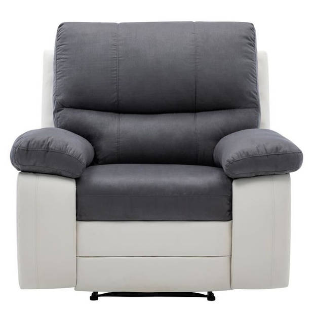 Handmatige relaxfauteuil - Grijze stof en wit kunstleer - L 109 x D 94/158 x H 83/99 cm - DUSTIN