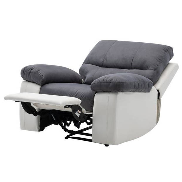 Handmatige relaxfauteuil - Grijze stof en wit kunstleer - L 109 x D 94/158 x H 83/99 cm - DUSTIN