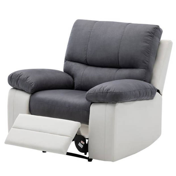 Handmatige relaxfauteuil - Grijze stof en wit kunstleer - L 109 x D 94/158 x H 83/99 cm - DUSTIN