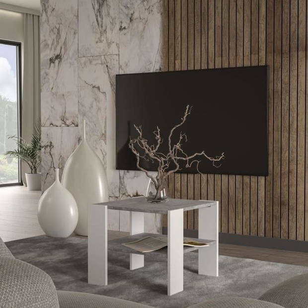 PILVI Salontafel met 2 dienbladen - Eigentijdse stijl - Melaminedeeltjes - Wit en licht betondecor - L55 x D55 x H45 cm