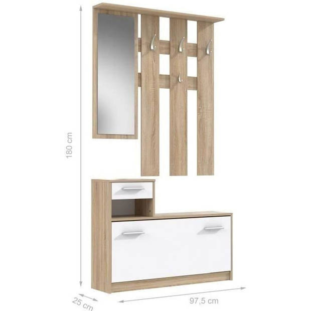 PEILI Entreegarderobe met Scandinavische spiegel, eiken en wit decor - L 97 cm