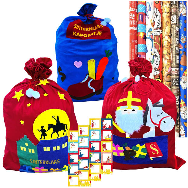 Leuk gedetailleerde sinterklaas geschenkzakken (3 Stuks), incl. 60 Naamstickers & 7 Rollen Cadeaupapier 3 mtr x 70 cm