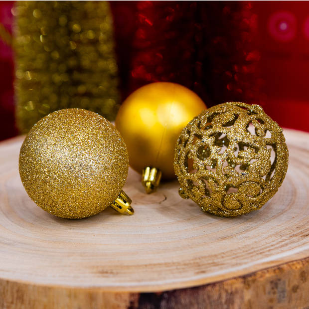 Giftsome Gouden Kersballen Set - 60 Kunststof Kerstballen - Incl. Gouden Piek - Kerst Decoratie - Ø6/7 cm