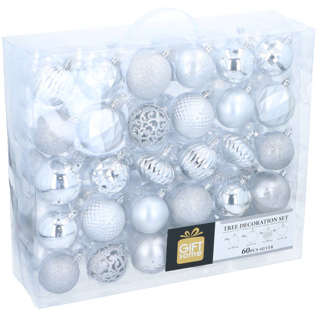 Giftsome ZilverenKersballen Set - 60 Kunststof Kerstballen - Incl. Zilveren Piek - Kerst Decoratie - Ø6/7 cm