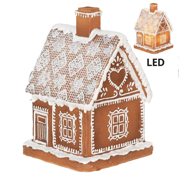 Clayre & Eef Kerstdecoratie met LED-verlichting Huis 18 cm Bruin Polyresin Peperkoekhuisje Bruin Peperkoekhuisje