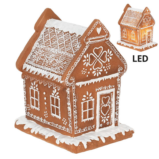 Clayre & Eef Kerstdecoratie met LED-verlichting Huis 17 cm Bruin Polyresin Peperkoekhuisje Bruin Peperkoekhuisje