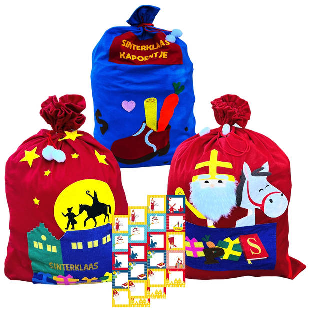 Zak Van Sinterklaas - Geschenkzak - 90 x 60 cm - 3 Stuks - Incl. 60 Naam-stickers