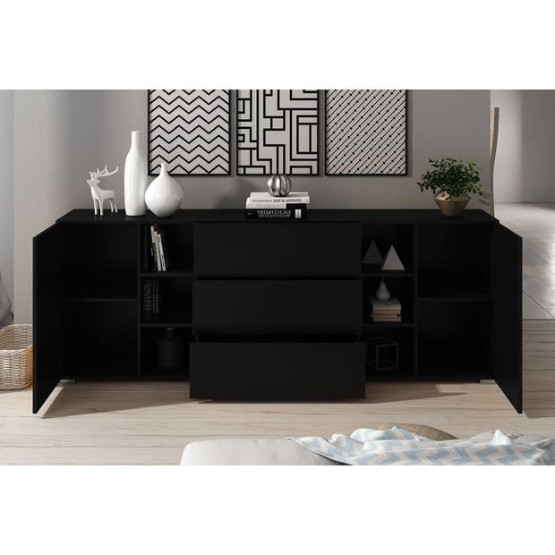 Meubella Dressoir Bonzo - Mat zwart - 190 cm