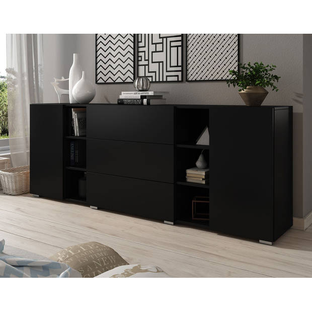 Meubella Dressoir Bonzo - Mat zwart - 190 cm