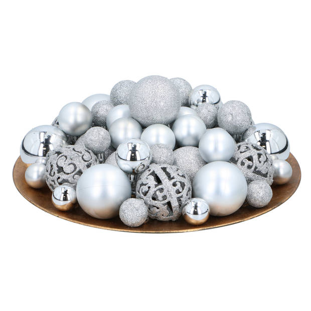 Giftsome Zilveren Kerstballen Set - 101 Kunststof Kerstballen - Incl. Zilveren Piek - Kerst Decoratie - Ø3/4/6 cm