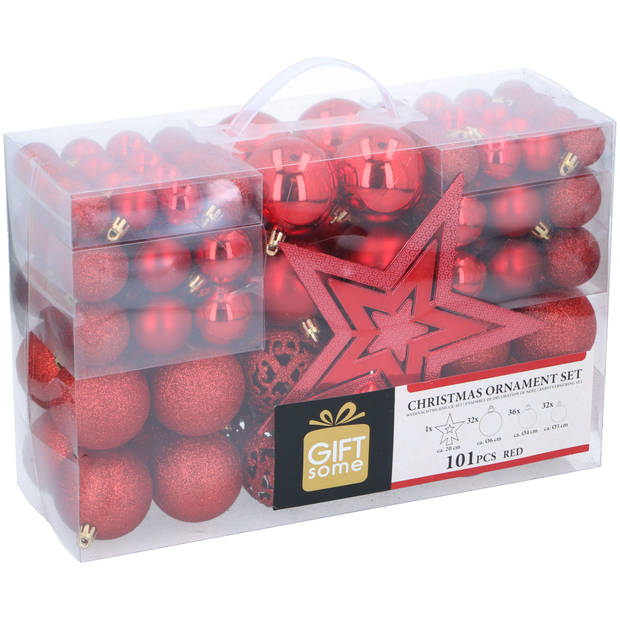 Giftsome Rode Kerstballen Set - 101 Stuks Kunststof Kerstballen - Incl. Piek - Ø3/4/6 cm