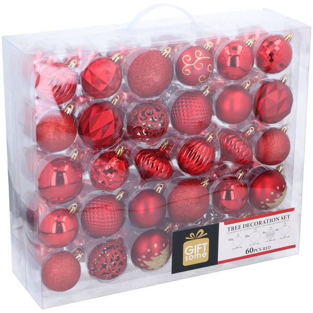 Giftsome Rode Kerstballen Set - 60 Stuks Kunststof Kerstballen - Ø6/7 cm