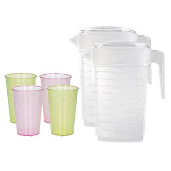 4x stuks water/limonade schenkkannen 2 liter met 36x kunststof glazen voordeelset - Schenkkannen