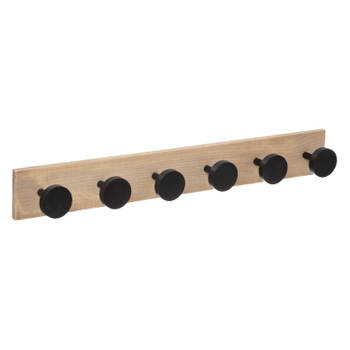 Kapstok rek voor wand/muur - lichtbruin/zwart - 6 ophanghaken/knoppen - MDF/ijzer - 58 x 8 cm - Kapstokken