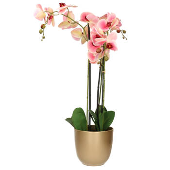Orchidee kunstplant roze - 75 cm - inclusief bloempot goud glans - Kunstplanten