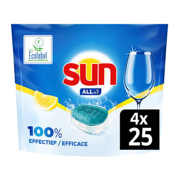 Sun - All-in 1 Lemon - 100% oplosbare tabletfolie - 4 x 25 stuks -100 vaatwastabletten - Voordeelverpakking