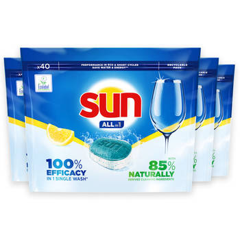 Sun - All-in One Lemon - 100% oplosbare tabletfolie - 4 x 40 stuks -160 vaatwastabletten - Voordeelverpakking