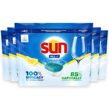 Sun - All-in-1 Lemon - 100% oplosbare tabletfolie - 5 x 40 stuks - 200 vaatwastabletten - Voordeelverpakking