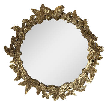 HAES DECO - Ronde Spiegel met Vlinders - Goudkleurig - Ø 34x5 cm - Polyresin / Glas - Wandspiegel, Spiegel rond
