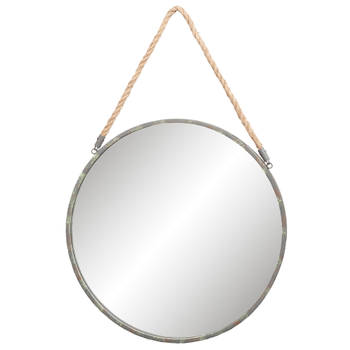HAES DECO - Ronde Spiegel met Touw - Grijs - Ø 56x3 cm - Metaal - Wandspiegel, Spiegel rond