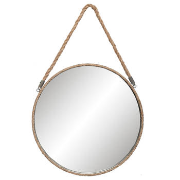 HAES DECO - Grote ronde Spiegel aan Touw - Bruin - Ø 47x3 cm - Metaal - Wandspiegel, Spiegel rond