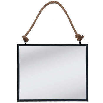 HAES DECO - Grote Rechthoekige Spiegel aan Touw - Zwart - 50x4x40 cm - MDF / Metaal - Wandspiegel, Spiegel Rechthoek