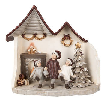 Clayre & Eef Kerstdecoratie met LED-verlichting Huis 24x10x22 cm Grijs Polyresin Grijs