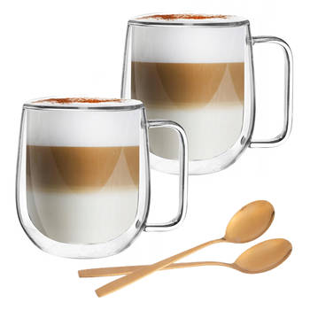 Dubbelwandige Koffieglazen Met Oor - Cappuccino Glazen - 300 ML - 2 Stuks + Gratis lepels