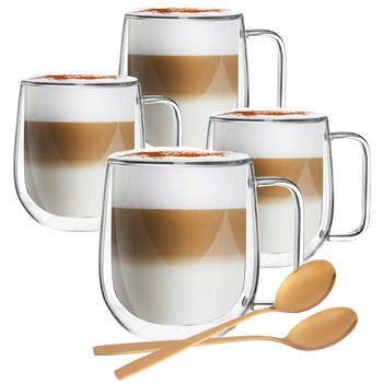 Dubbelwandige Koffieglazen Met Oor - Cappuccino Glazen - 300 ML - 4 Stuks + Gratis lepels