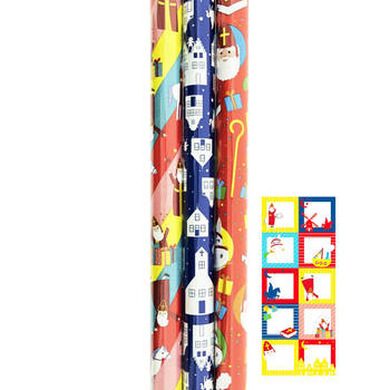 Sinterklaas assortiment cadeaupapier inpakpapier inclucief labels - 200 x 70 cm - 3 rollen