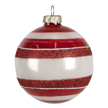 Clayre & Eef Kerstbal Ø 8 cm Rood Wit Glas Kerstboomversiering Rood Kerstboomversiering