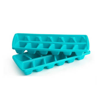 Plasticforte IJsblokjesvormen set 2x stuks met deksel - 24 ijsklontjes - kunststof - blauw - IJsblokjesvormen