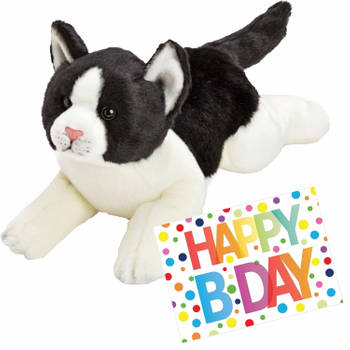 Pluche knuffel zwart/witte kat/poes 33 met A5-size Happy Birthday wenskaart - Knuffel huisdieren