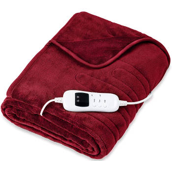 Sinnlein- Elektrische deken van pluche, 180 x 130 cm, wijnrood, TÜV SÜD GS getest, elektrische warmtedeken met automa...
