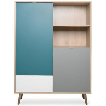 Hoog dressoir - Sonoma eiken, wit, grijs en blauw - Scandinavische stijl - CUBA - L 103 x D 40 x H 139 cm