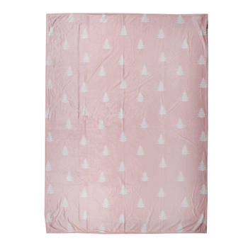 Clayre & Eef Plaid 130x170 cm Roze Wit Polyester Kerstbomen Deken Roze Deken