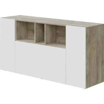LOIRA Dressoir - Melamine - Artik wit en eiken - 3 deuren + 3 opbergnissen - B 150 x D 41 x H 76 cm