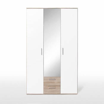 Schommelkast - Spaanplaat - Wit en eikenhout - 3 deuren en 2 lades + spiegel - L 121 x D 54 x H 200,1 cm - SELKEA