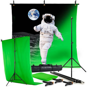 Pixetool - Green Screen Doek 260 x 150cm met achtergrondsysteem 2,6 x 1,5m - Achtergronddoek