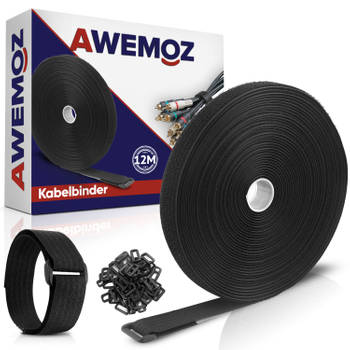 AWEMOZ Velcro Kabelbinders 12 Meter Lang - 2 CM breed - Kabelsbinders Klittenband - Zwarte Kabel Organiser met 50 Gespen