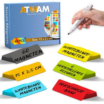 ATWAM Scrum Magneten - 60 stuks - Voor Whiteboard, Magneetbord, Memobord - 15 cm Breed x 2,5 cm Lang - 6 Kleuren