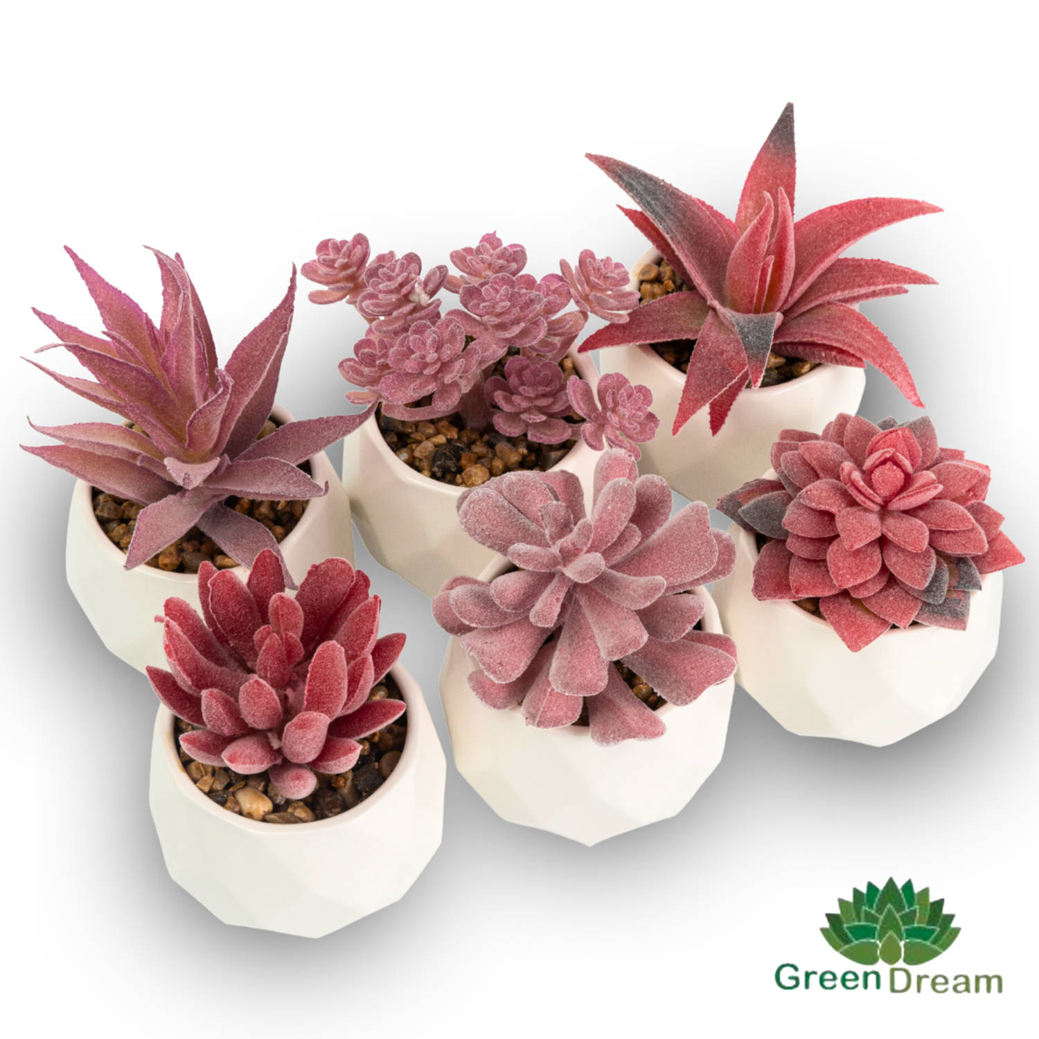 GreenDream® set 6 stuks roze vetplanten in diamantvormig potje cadeautip kunstplanten Wit-Roze