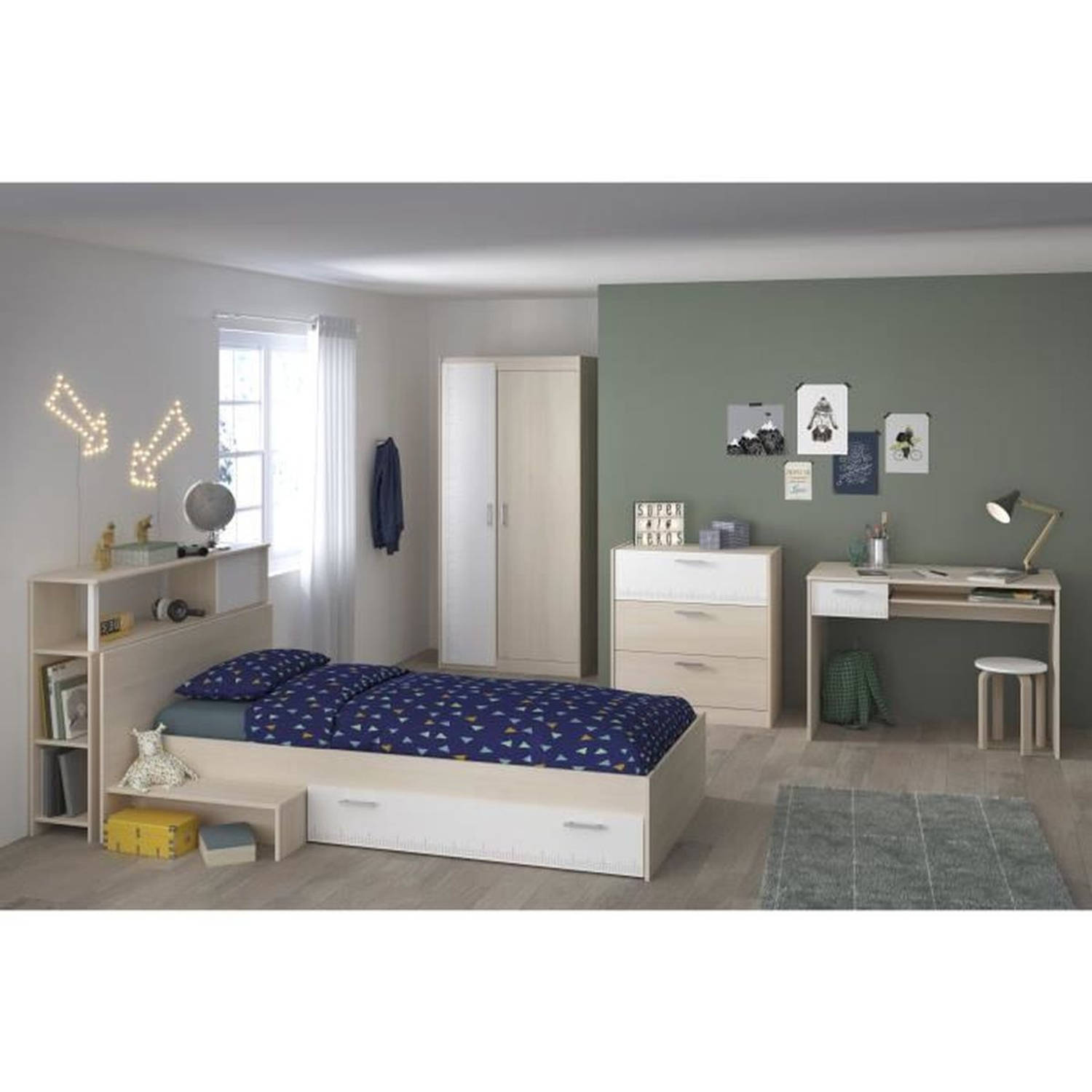PARISOT Complete kinderkamer Hoofdeinde + bed + ladekast + kledingkast + bureau Licht en wit acaciad