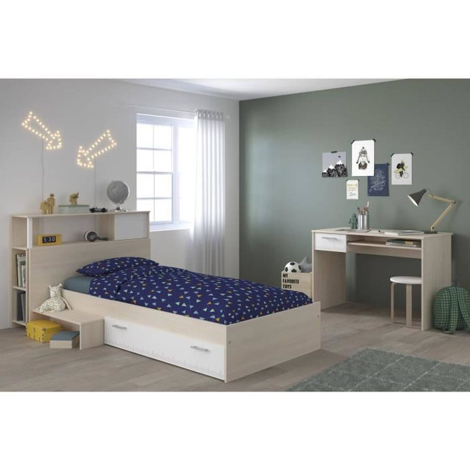 PARISOT Complete kinderkamer Hoofdeinde + bed + bureau Eigentijdse stijl Licht en wit acaciadecor CH