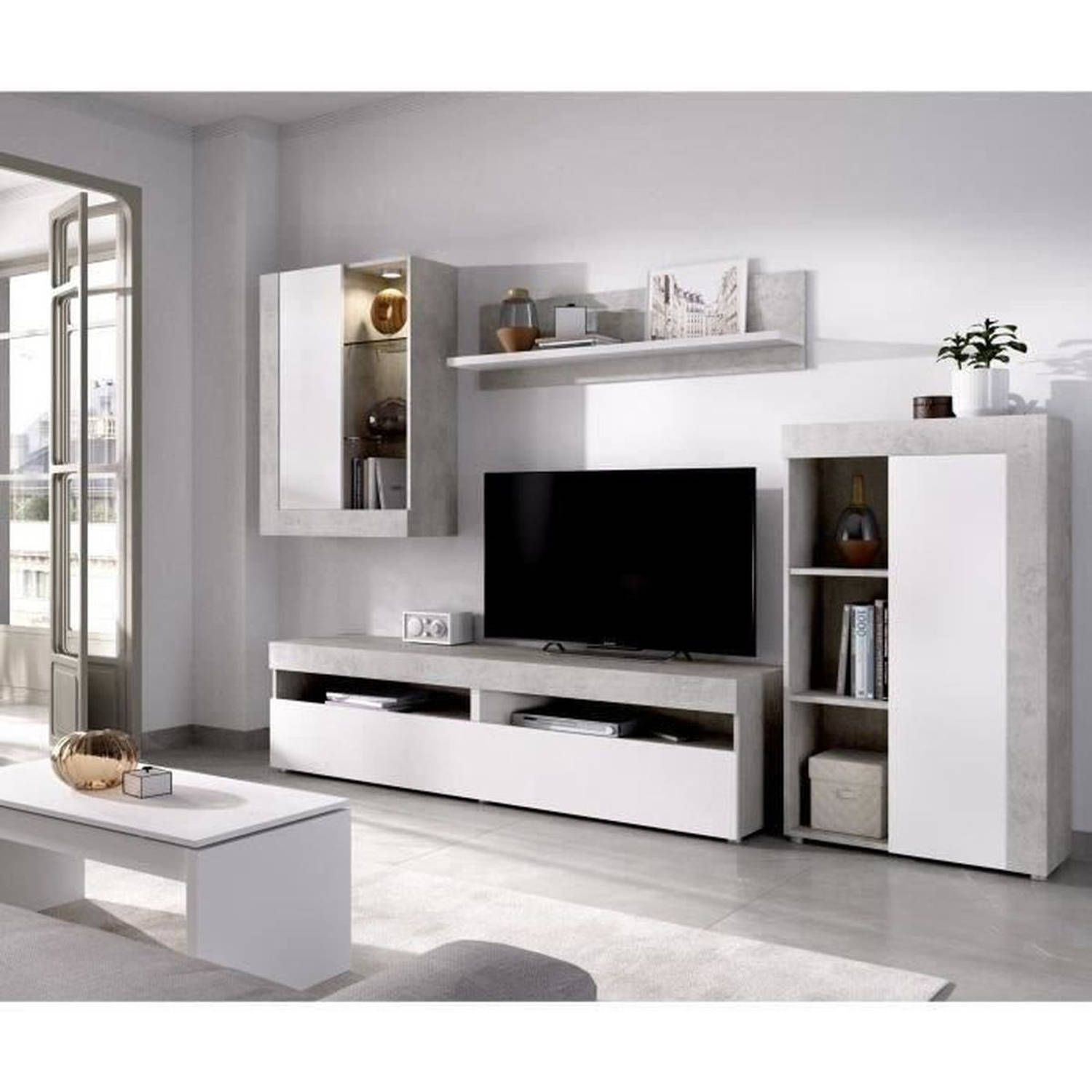 TOKIO TV-meubelset Klassiek Spaanplaat Wit en beton L 265 x D 42 x H 180 cm