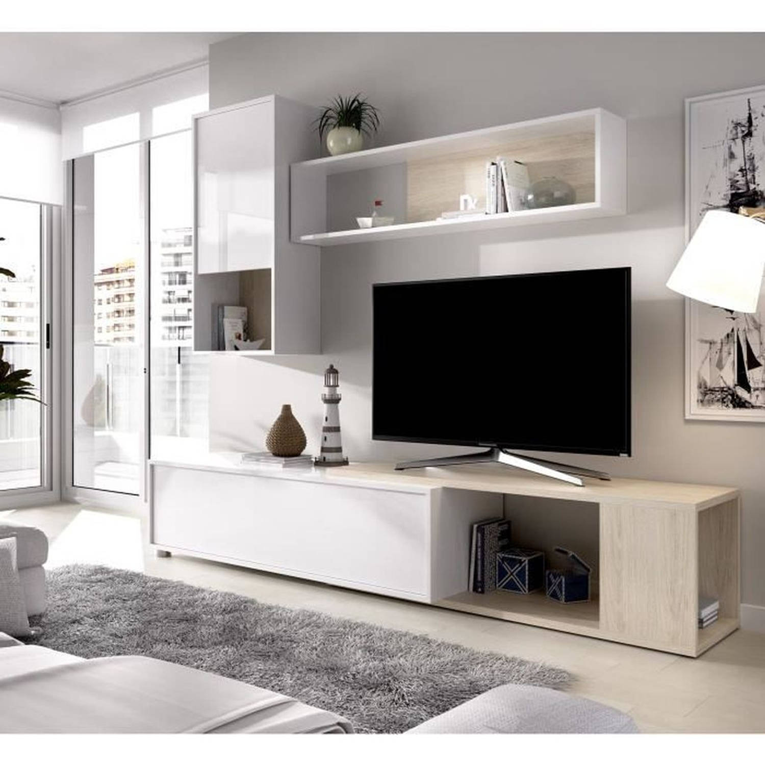 Uitschuifbaar TV-meubel Klassiek Spaanplaat met melaminecoating Naturel en wit eiken L230 x D41 x H1