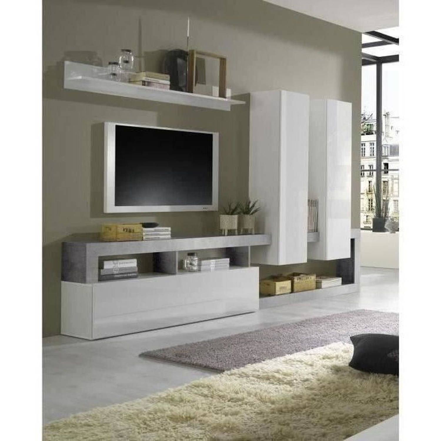 Maestro TV-wandmeubel in hedendaagse stijl - Wit gelakt en betondecor - L277 x H173 x D75 cm