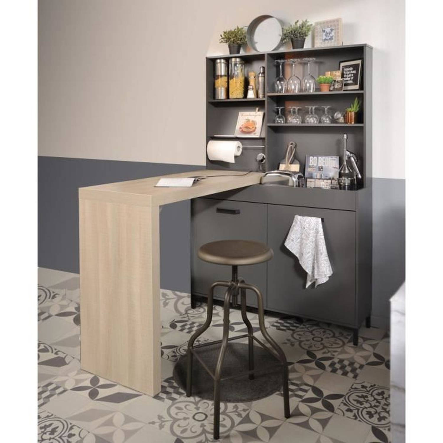 STORM Compo 118 complete keuken - Kleur schaduwgrijs - L188 x D50 x H188 cm - Credenza 3 planken + Snacktafel